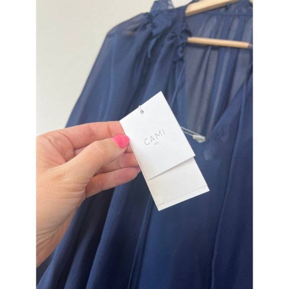 NWT Cami NYC Sheer Chiffon Ruffle Sandy Storm Navy Blue Sheer Blouse Top - Picture 4 of 7